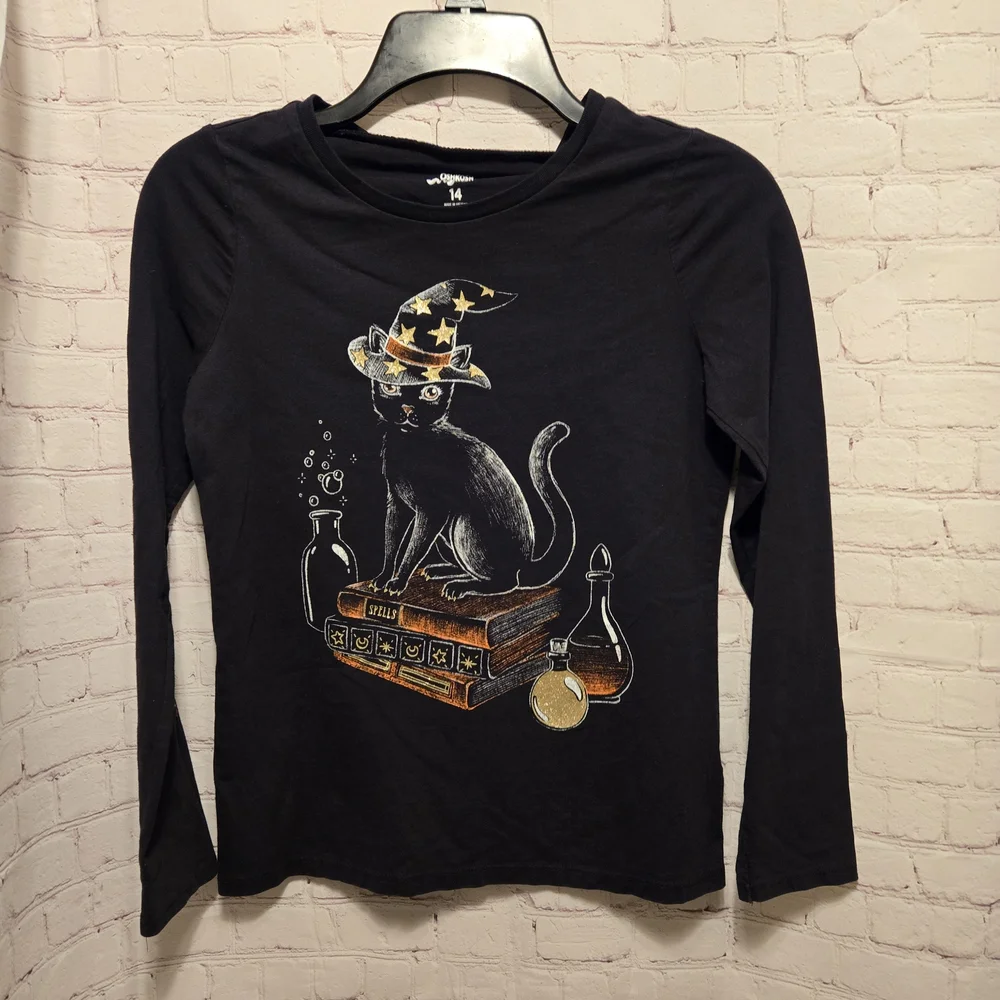OshKosh B'gosh Girls' 14 Black Cat Magic Long-sleeved Shirt EUC